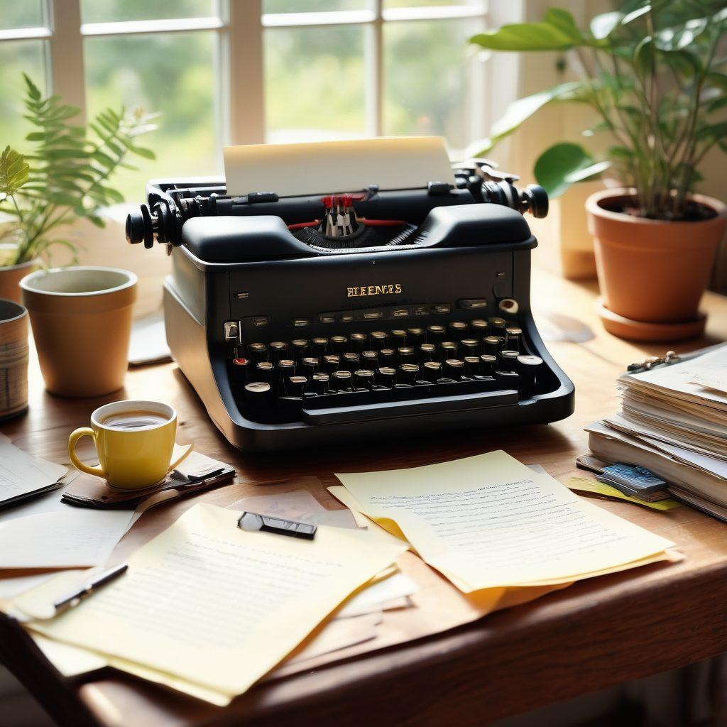 A creative workspace featuring a vintage typewriter and an open laptop illuminated by warm morning light. Scattered papers with handwritten notes and colorful sticky notes surround the setup. A steaming cup of coffee rests beside the typewriter, while a plant adds a touch of nature to the scene. The background is softly blurred to enhance focus on the writing tools. super-realistic. warm tones. soft focus.