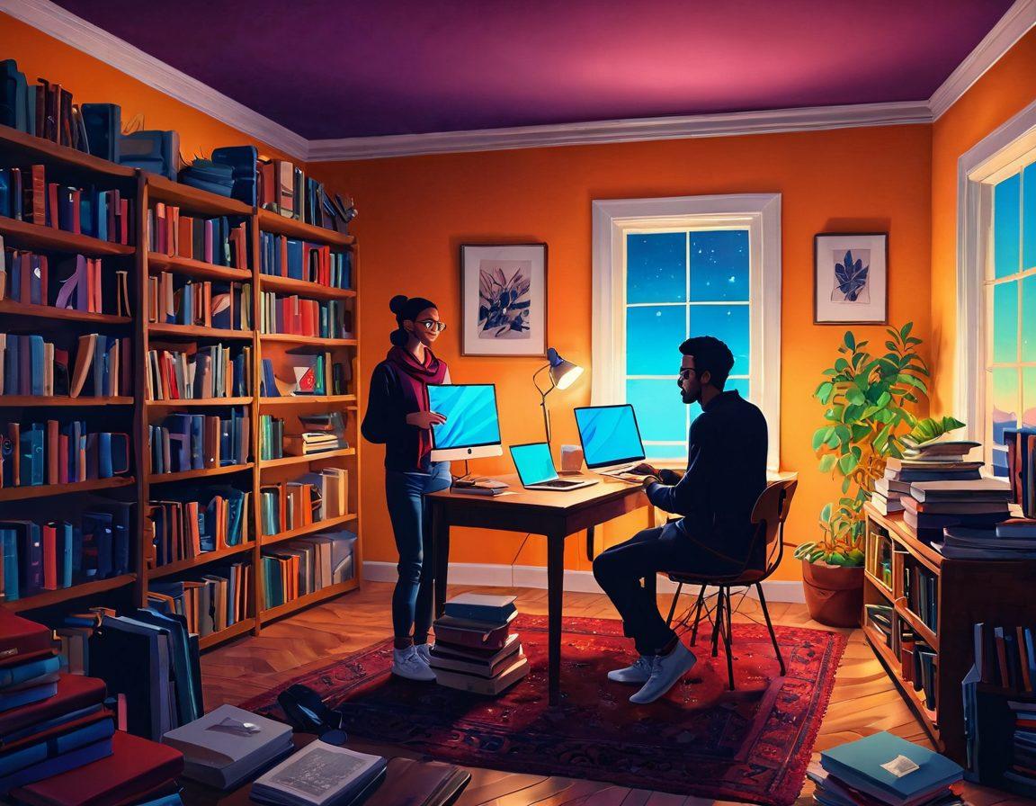 A vibrant digital art scene showcasing a person standing confidently at a microphone in a cozy room filled with books, laptops, and stories unfolding in the background. The atmosphere should radiate creativity with swirling colors representing thoughts and ideas coming to life. Include elements like a glowing projector displaying various storytelling mediums (writing, podcasting, video). Envelop the scene in a warm, inviting light to inspire confidence and passion. vector art. vibrant colors. cozy ambience.