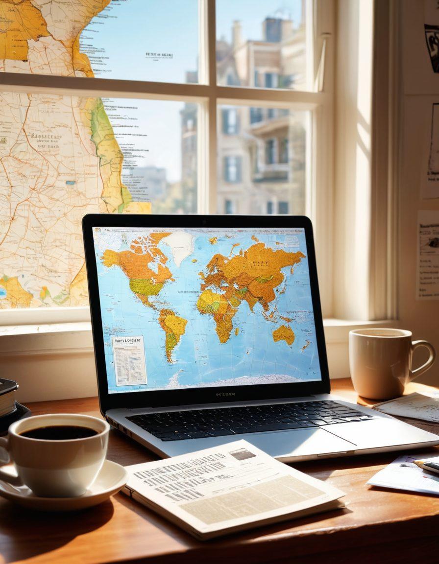 An open laptop on a desk, displaying a blog page morphing into the cover of a book, surrounded by scattered notes and a coffee cup. On the wall behind, a world map highlights various publishing places. Sunlight streaming through a window adds warmth to the scene. Artistic elements representing online and traditional publishing merge harmoniously. vibrant colors. super-realistic.